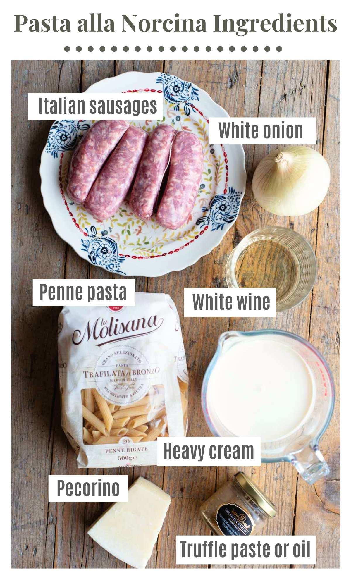 An overhead shot of all the ingredients needed to make pasta alla norcina.