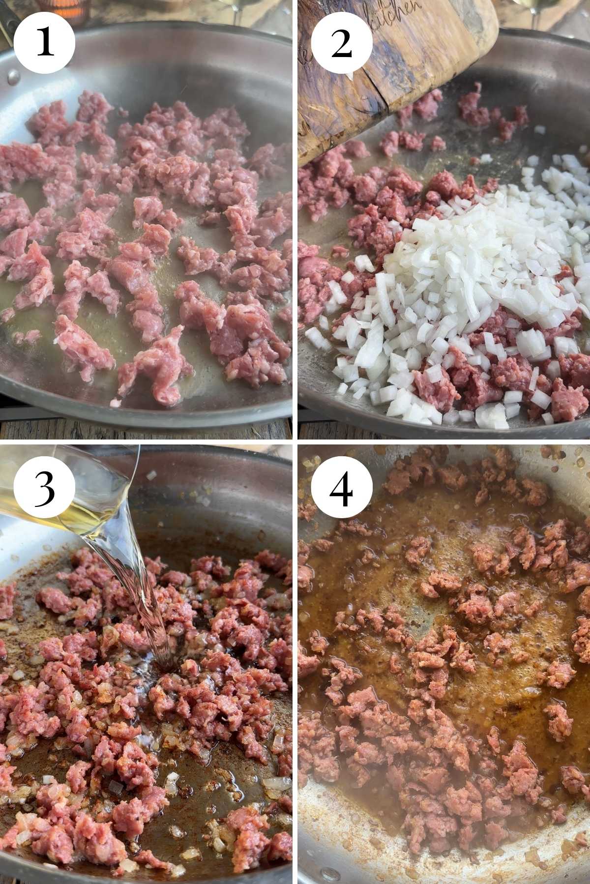 Four photos in a collage showing how to brown sausage and onion and deglaze a pan with white wine.