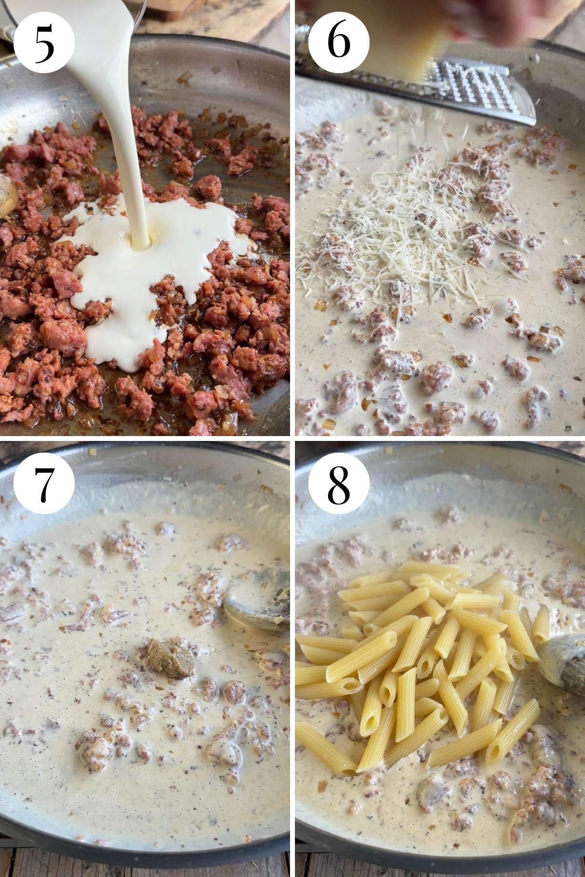 Four photos in a collage showing how to make a creamy sausage sauce.