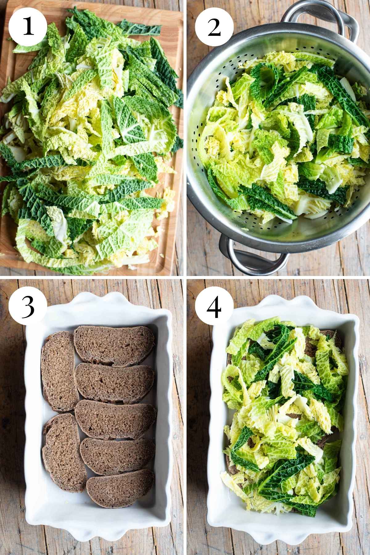 Four photos in a collage showing how to layer zuppa valpellinese.