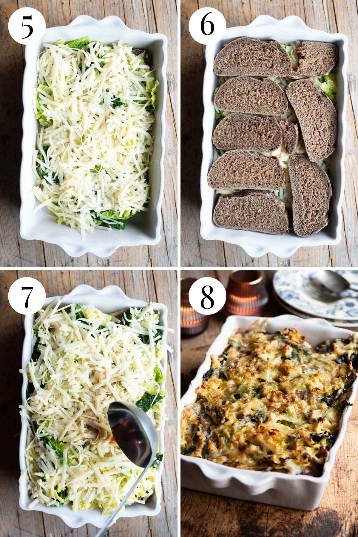 Four photos in a collage showing how to layer and bake zuppa valpellinese.