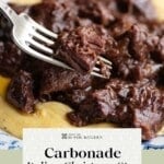 A Pinterest graphic of an italian beef stew on a fork.