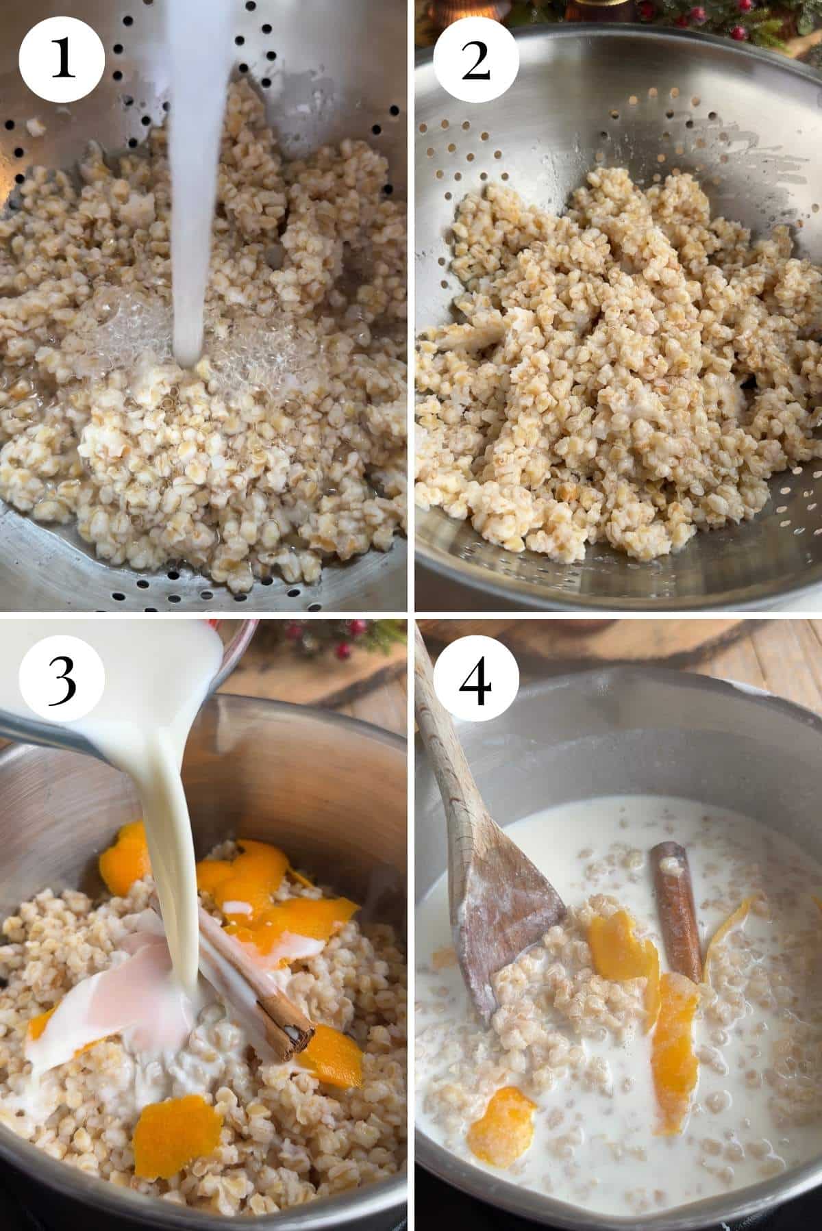 Four photos in a collage showing how to rinse grano cotto and cook it with milk and spices.
