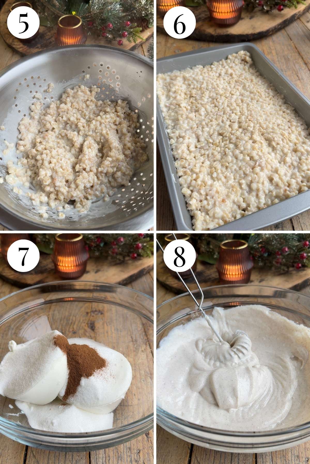 Four photos in a collage showing how to cool the grano cotto and make a ricotta mixture.