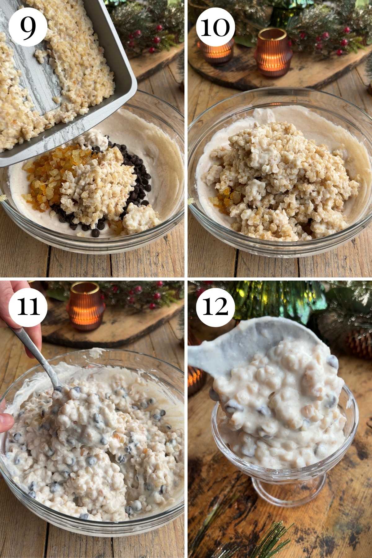 Four photos in a collage showing how to mix everything together for Cuccia.