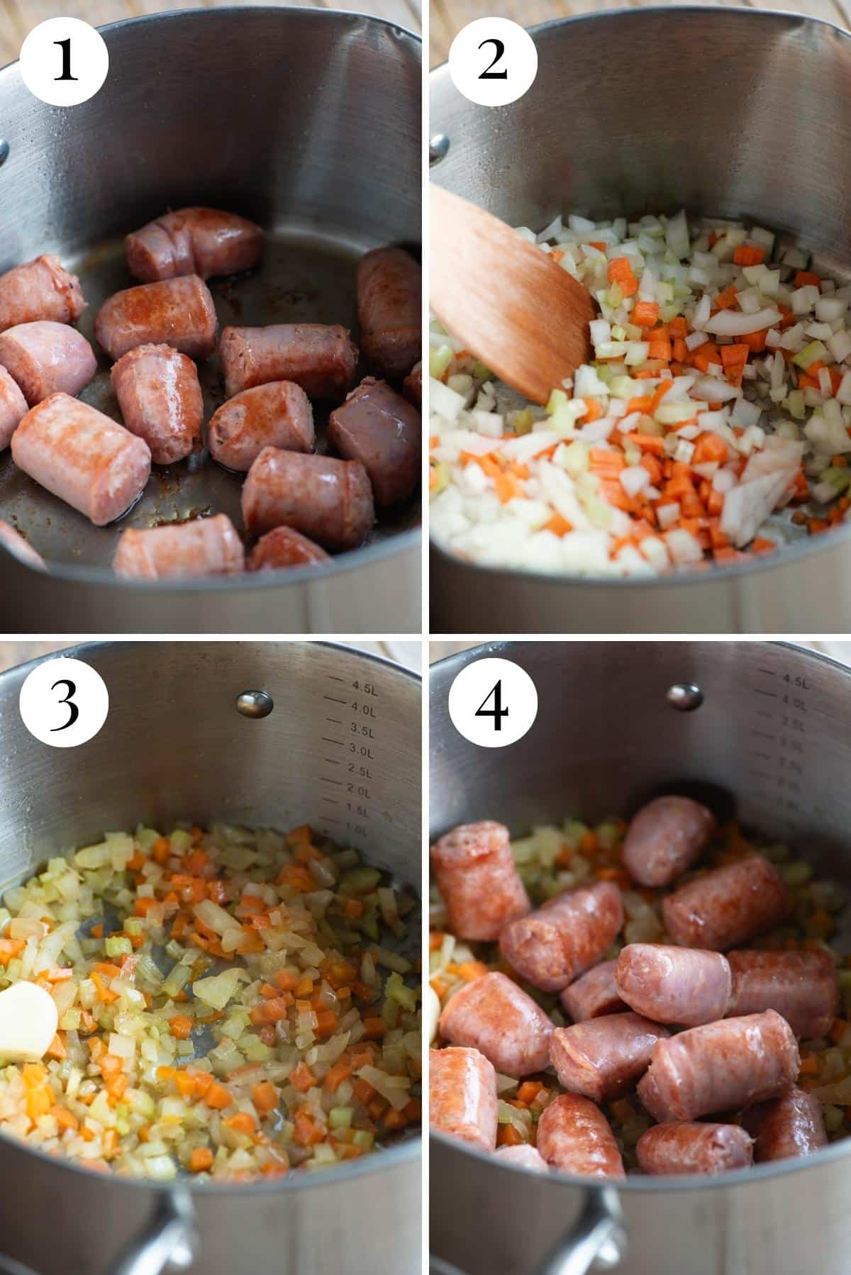 Four photos in a collage showing how to saute sausages and vegetables together.