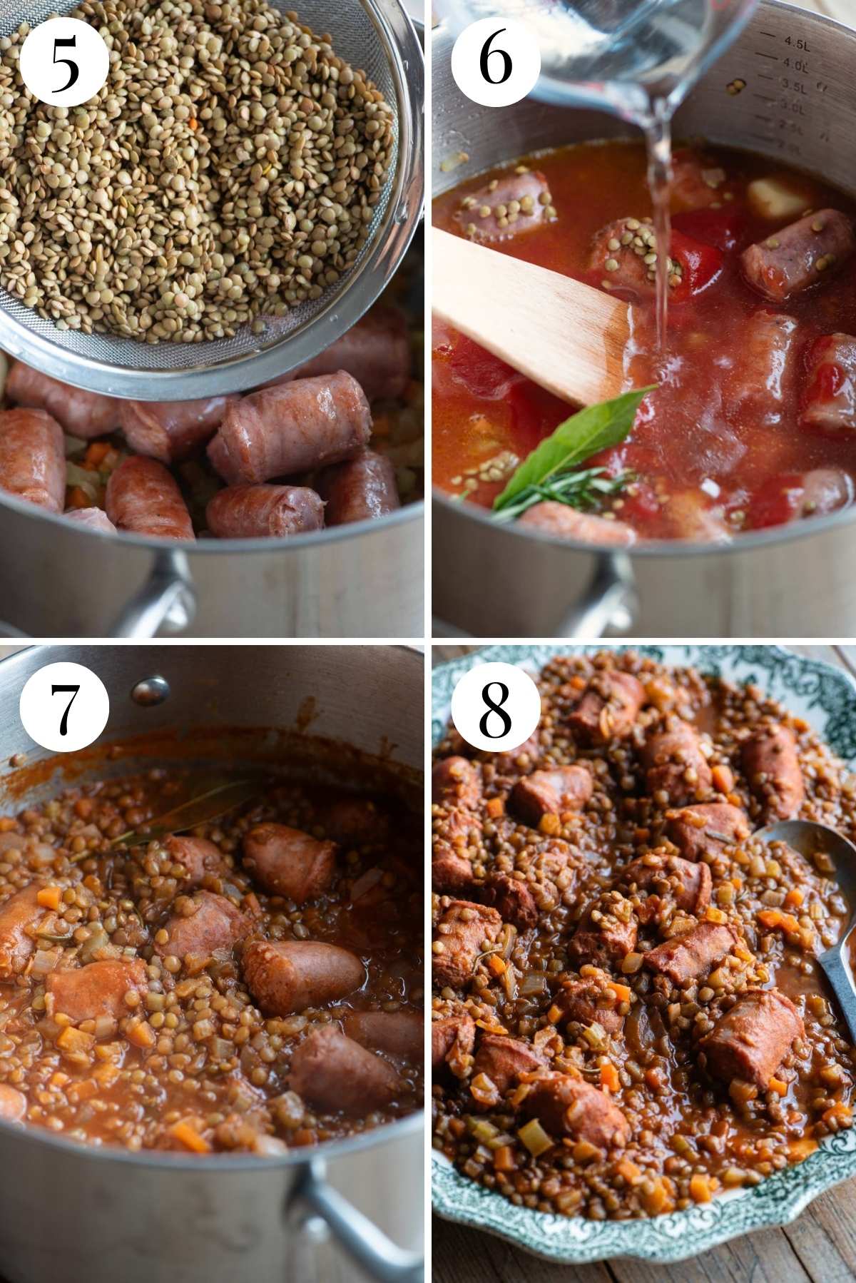 Four photos in a collage showing how to make sausages and lentils with tomato and herbs.