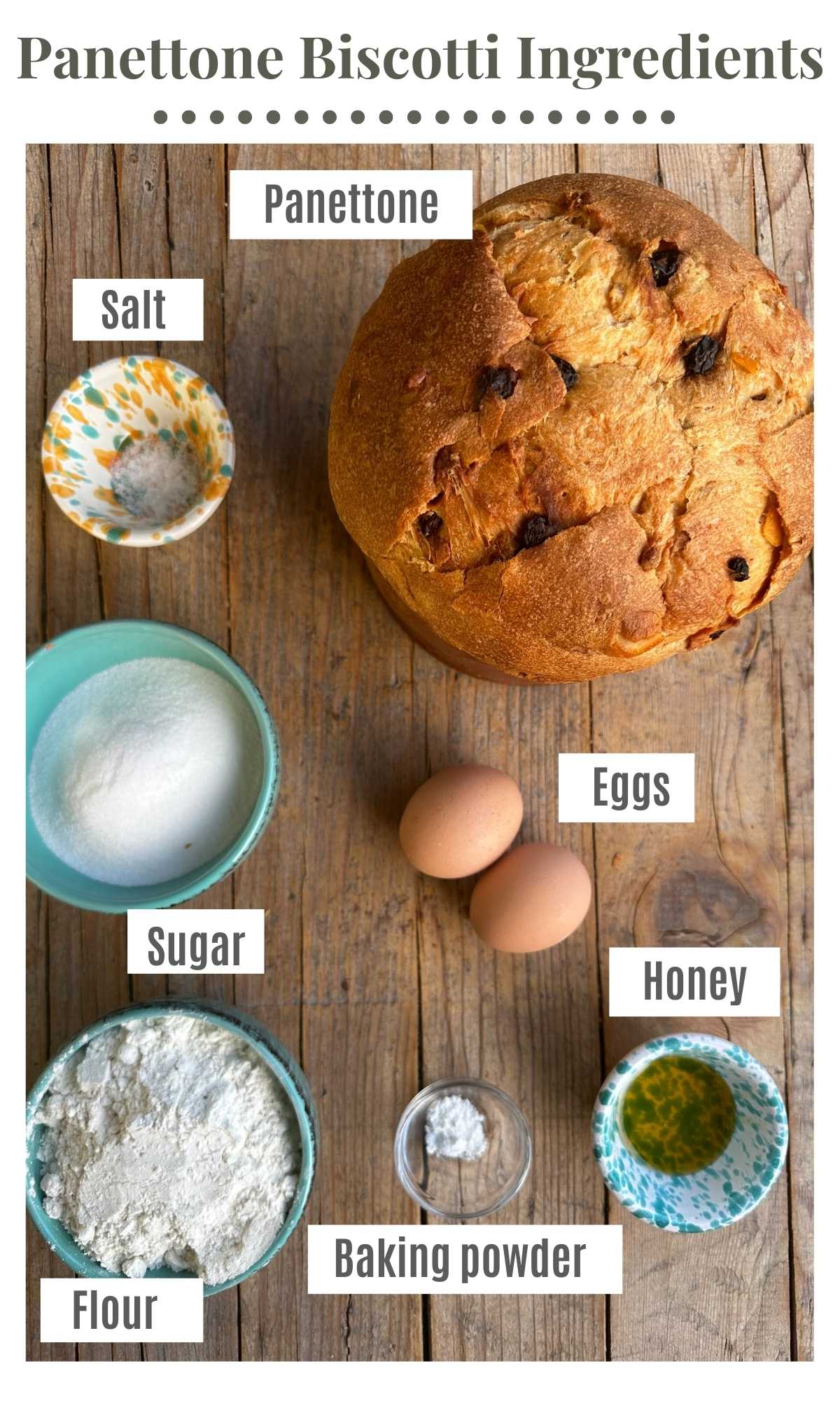 An overhead shot of all the ingredients needed to make Panettone Biscotti.