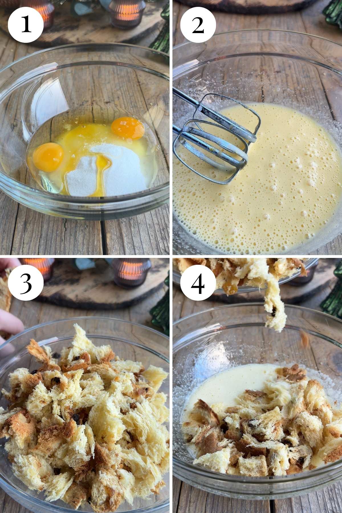 Four photos in a collage showing how to mix eggs, sugar, honey and panettone together.