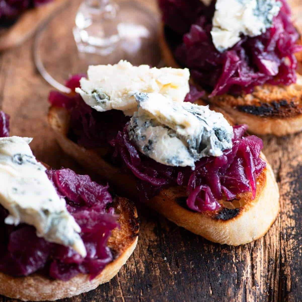 Spiced Red onion Chutney and Gorgonzola Crostini