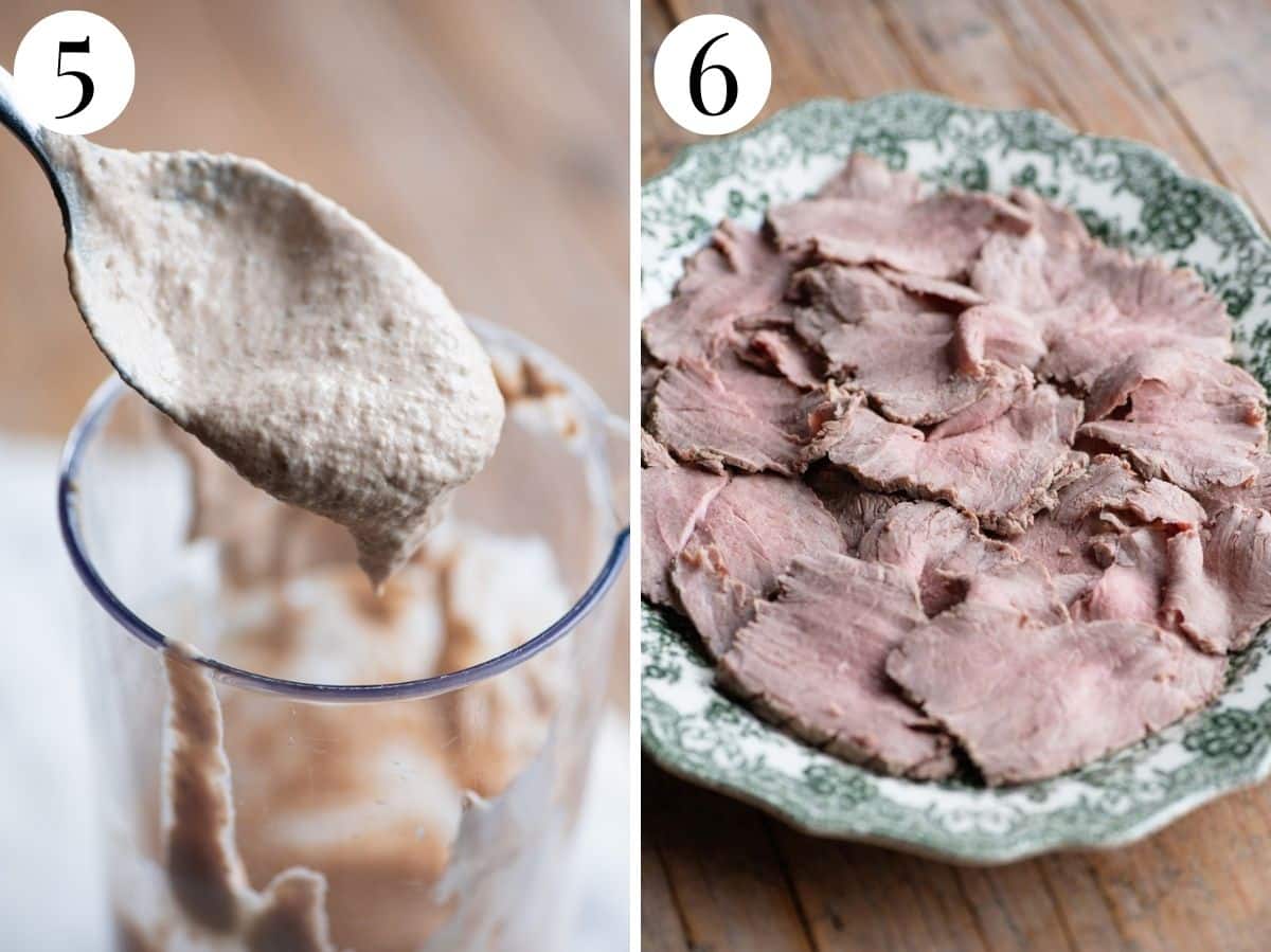 Two photos in a collage showing the consistency of the vitello tonnato sauce and how thinly to slice the veal.