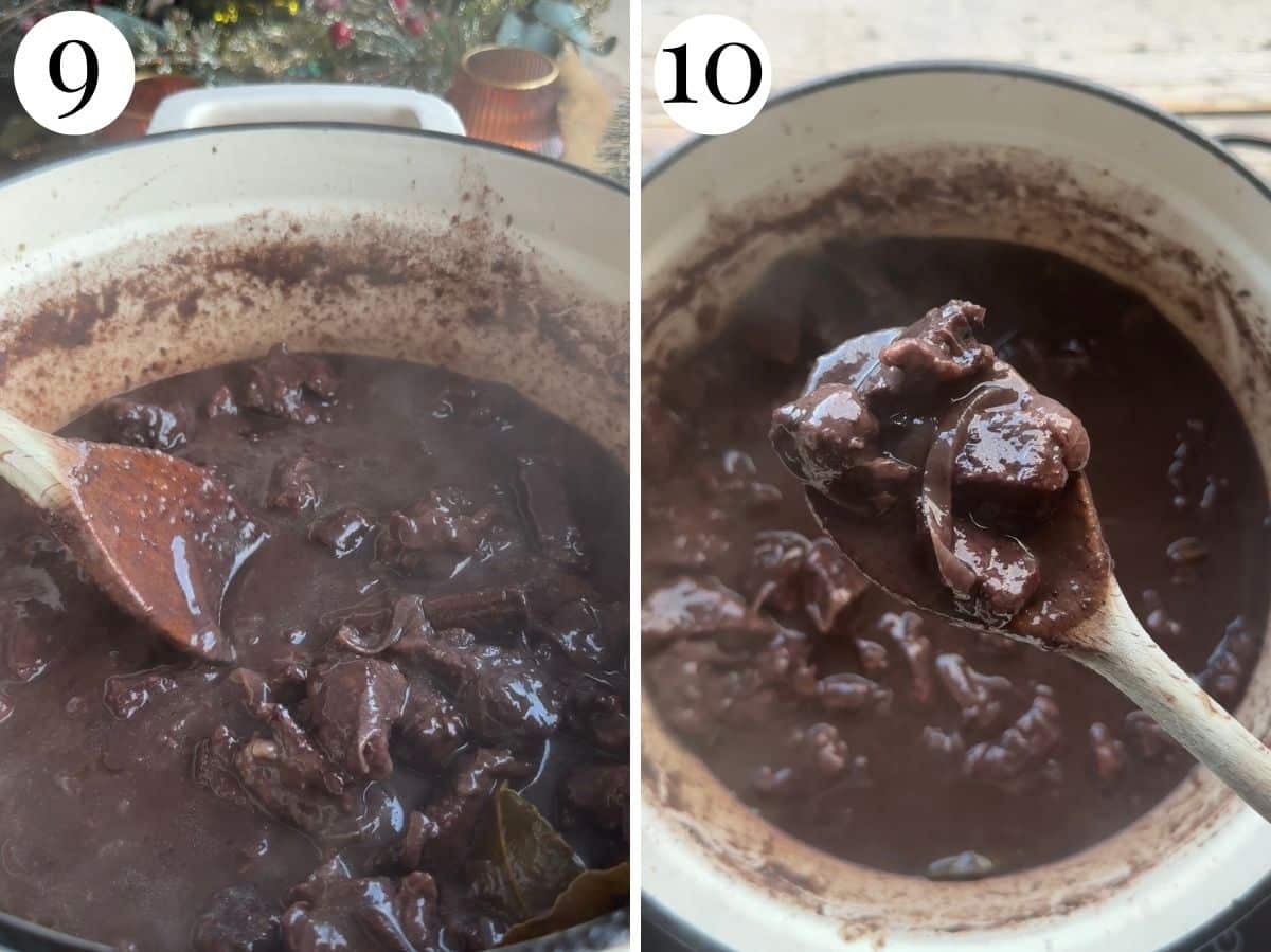 Two photos showing carbonade consistency after cooking.