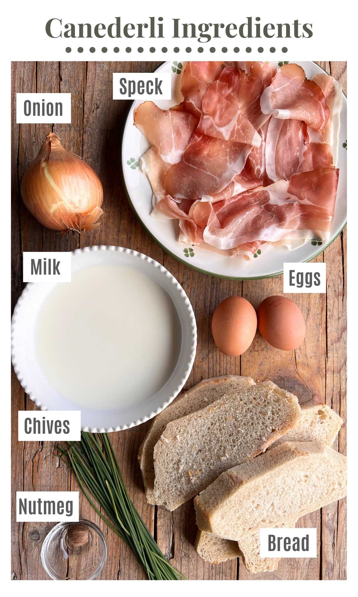 An overhead shot of all the ingredients needed to make Canederli.
