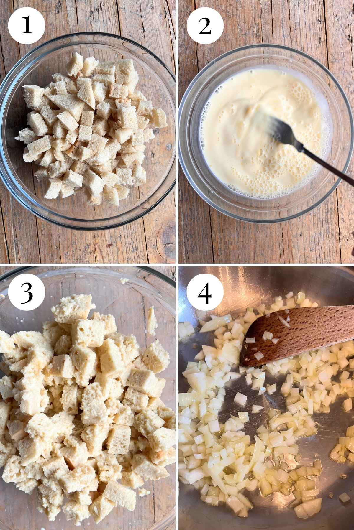 Four photos in a collage showing how to make bread dumplings with bread, milk and eggs.