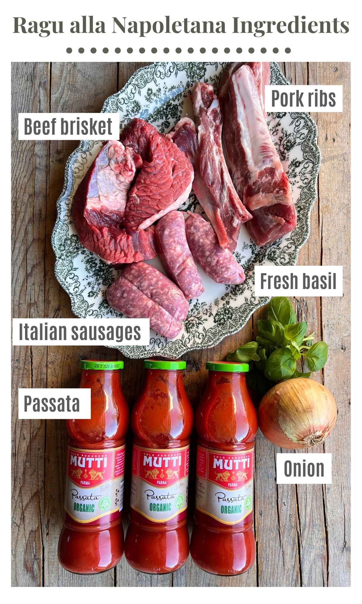 An overhead shot of all the ingredients needed to make a Neapolitan ragu.