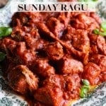 a Pinterest graphic showing mixed cooked meat in sauce on a serving plate.