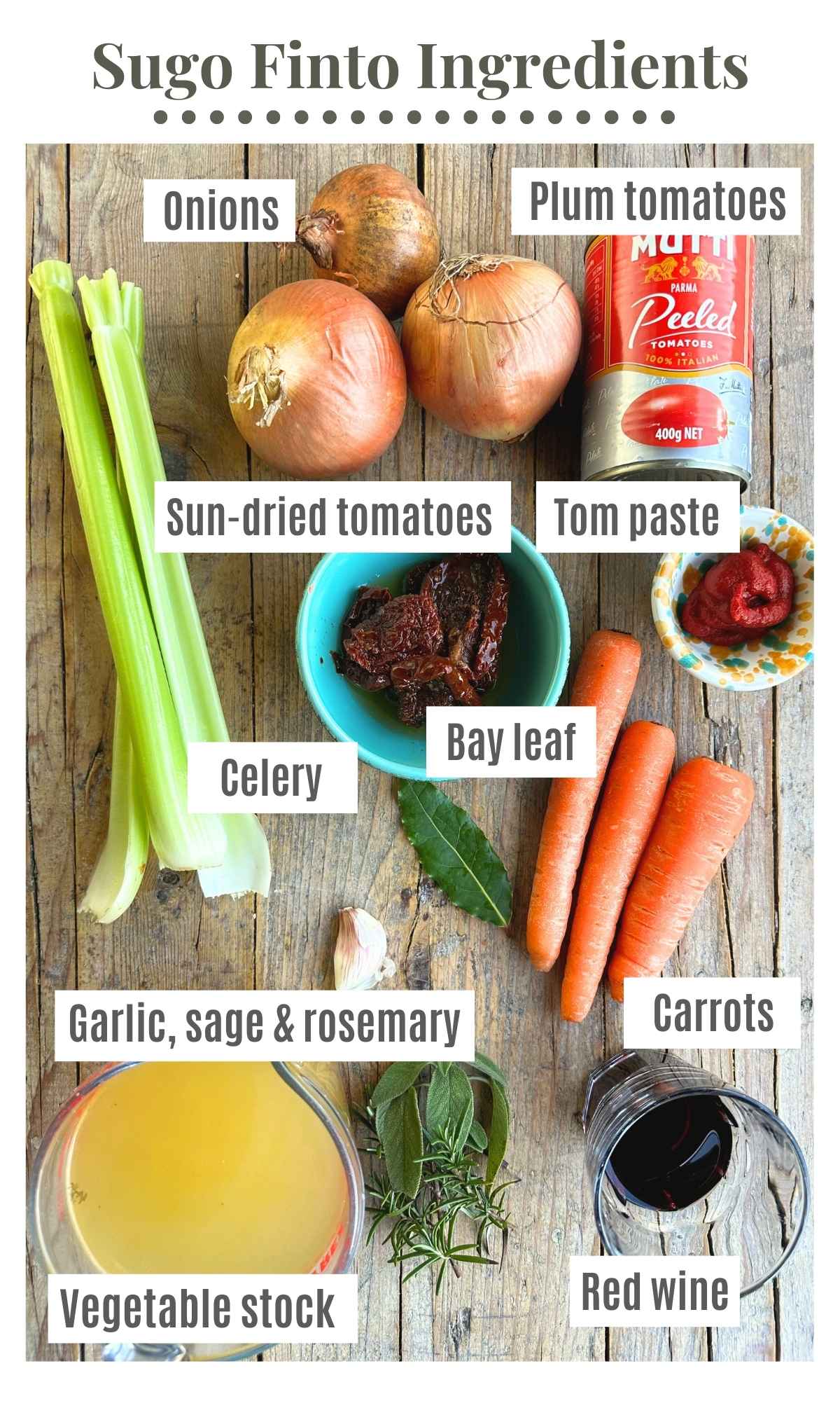 An overhead shot of all the ingredients needed to make Sugo Finto.