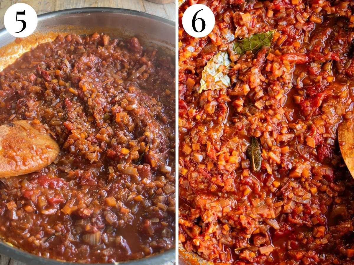 Two photos showing the texture of sugo finto (vegetable sauce).