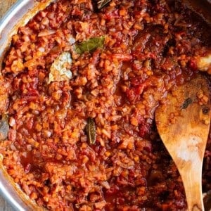 A close up cropped image of a rustic Italian vegetable sauce.
