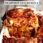 A Pinterest graphic showing a close up of a slice of Southern Italian lasagna.