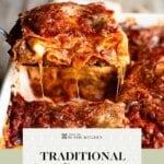 A Pinterest graphic showing a slice of Neapolitan lasagna getting picked up from a dish.