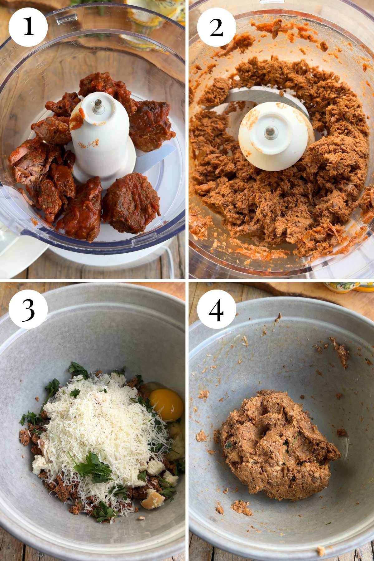 Four photos in a collage showing how to make meatballs for a southern Italian lasagna.