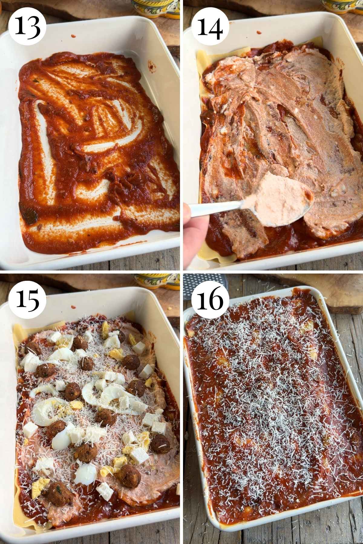 Four photos in a collage showing how to assemble lasagna di Carnevale.