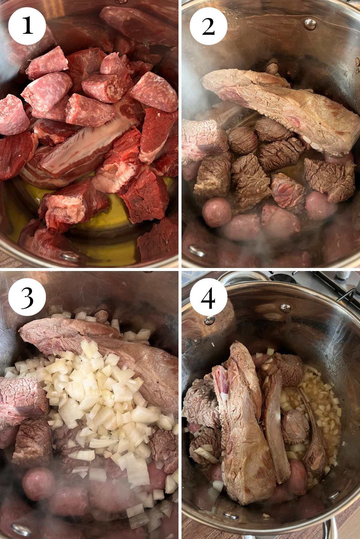 Four photos in a collage showing how to brown meat and onions.