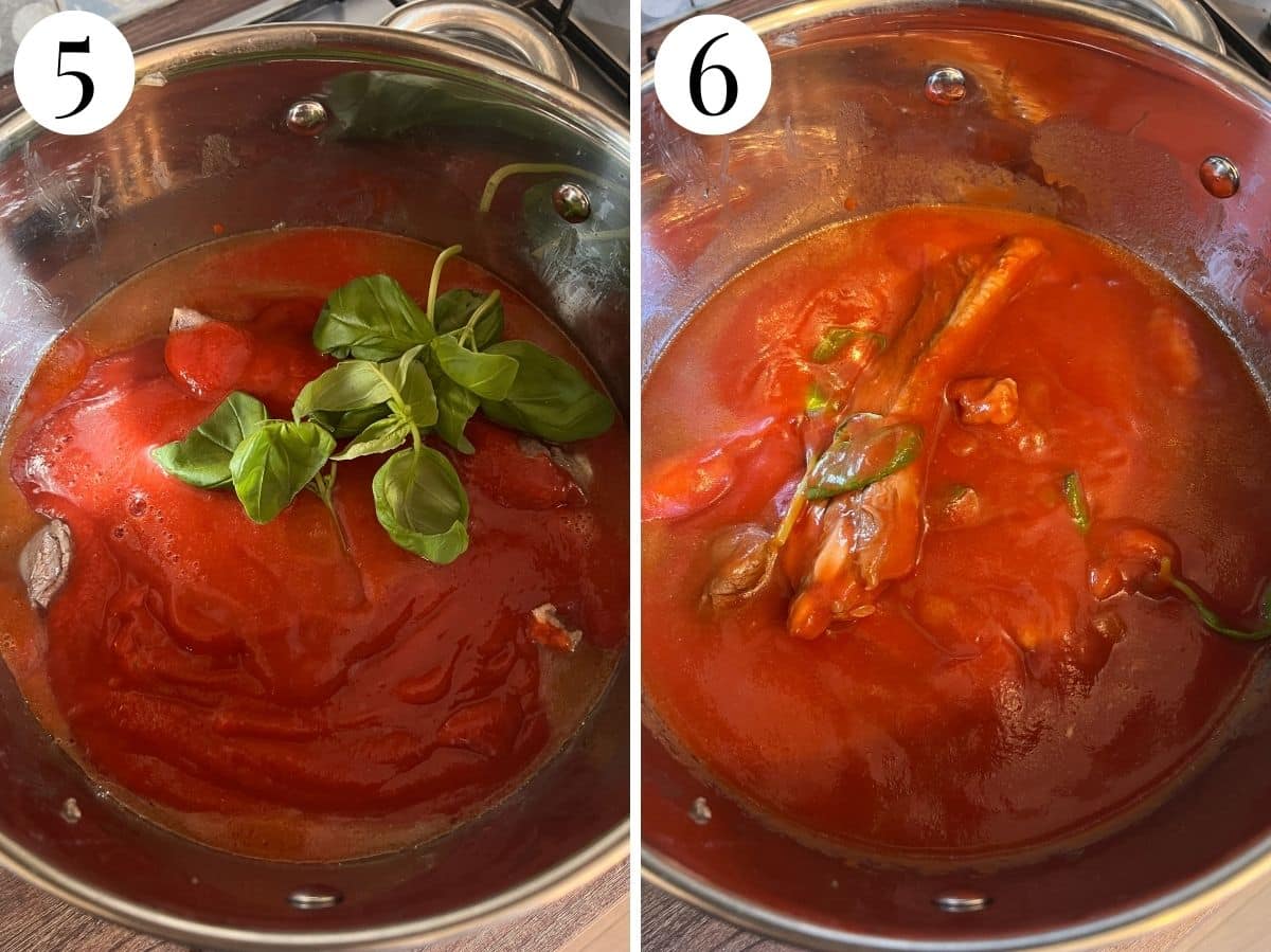 Two photos in a collage showing how to make a neapolitan ragu with tomato sauce.