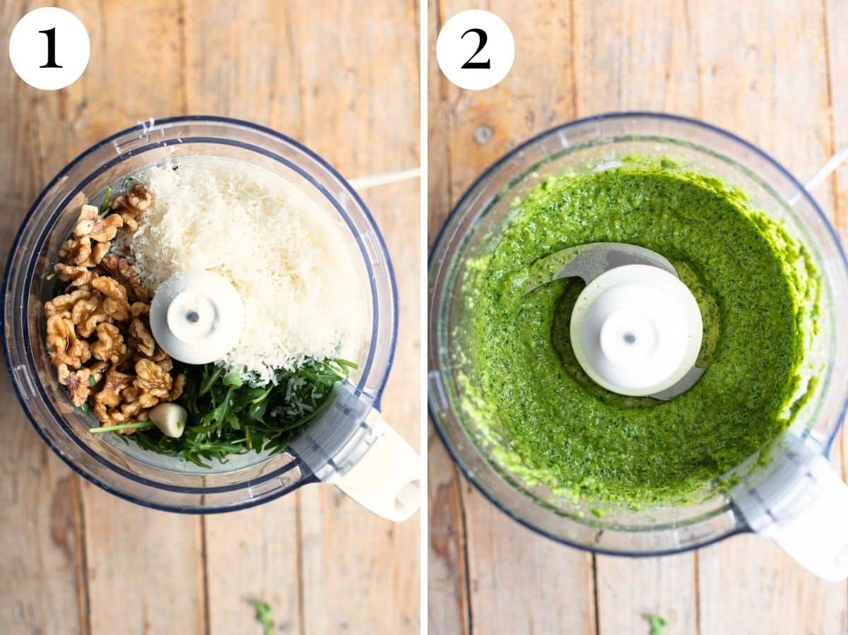 Two photos in a collage showing how to make arugula pesto in a food processor.