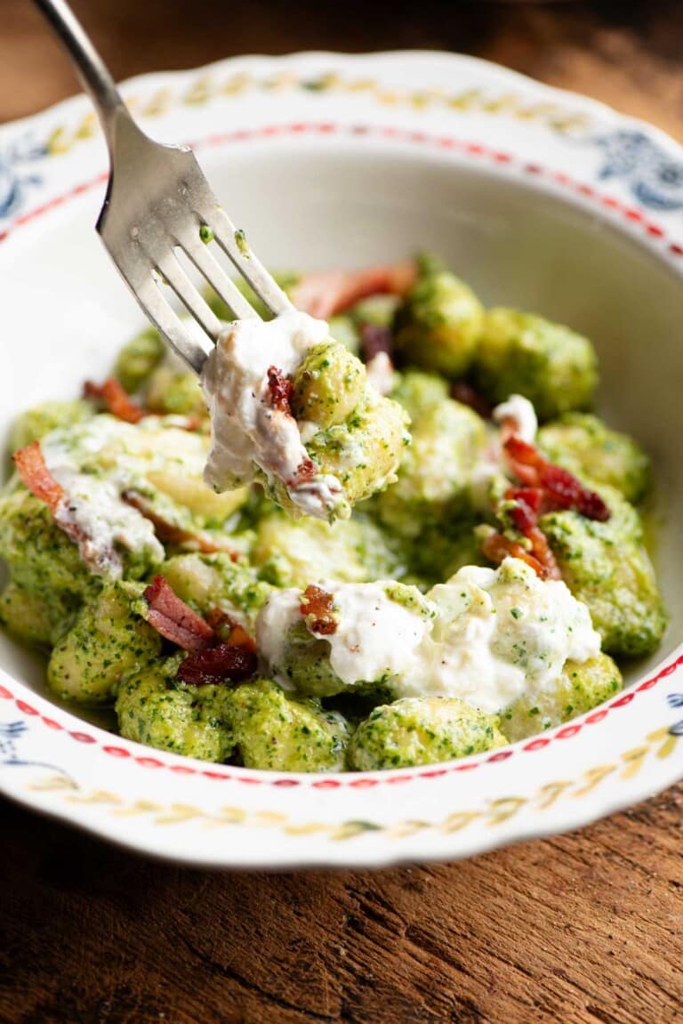 Arugula Pesto Gnocchi with Burrata and Pancetta - Inside The Rustic Kitchen