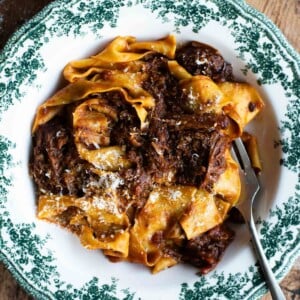 An overhead shot of a short rib beef ragu in a green and white bowl.