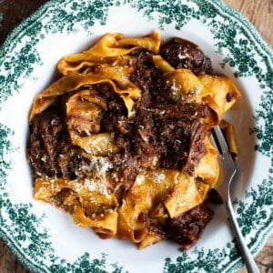 A close up of beef rib ragu with pappardelle pasta in a green and white bowl.