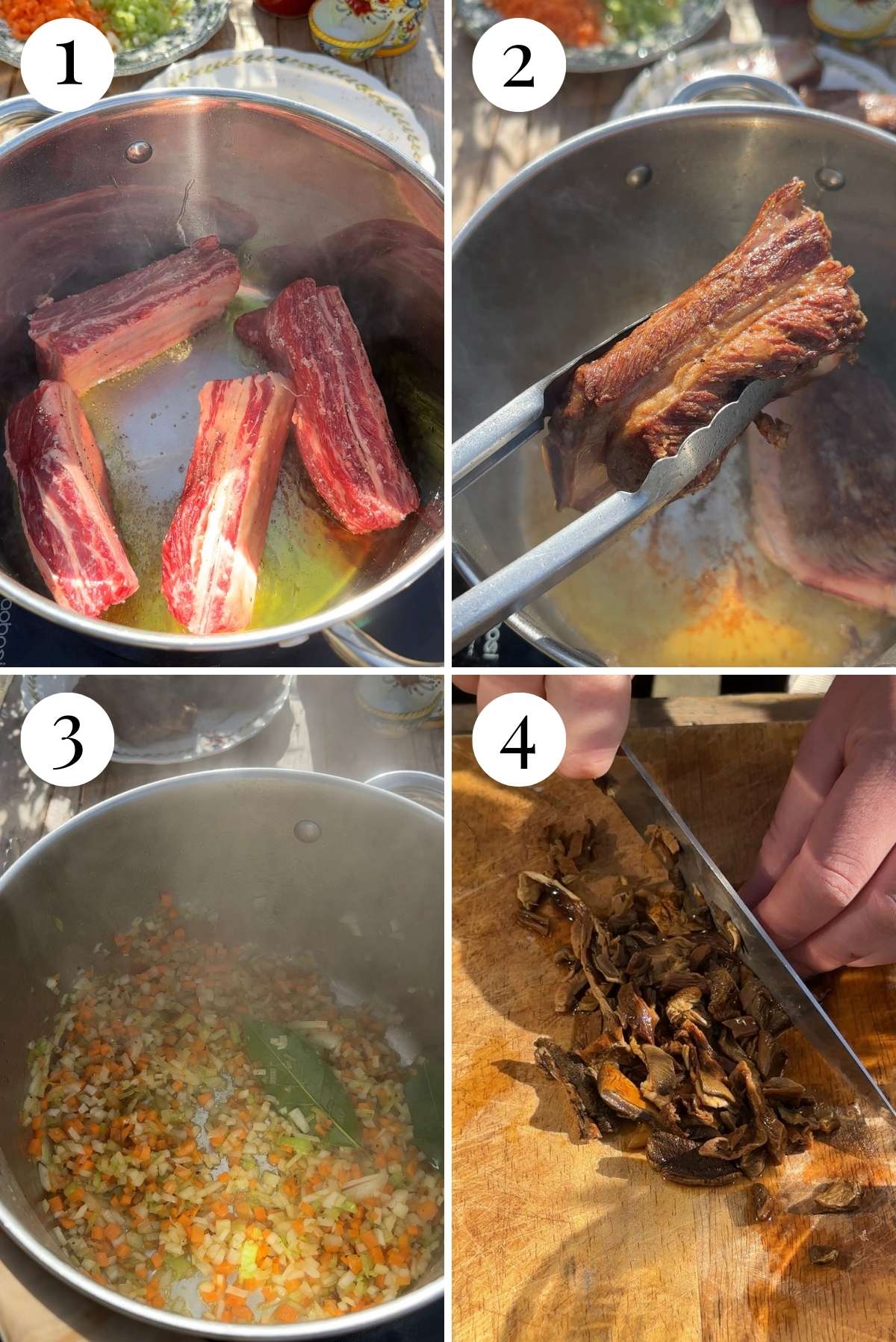 Step-by-step images for beef short rib ragu: browning short ribs, searing them, sautéing vegetables, and chopping soaked porcini mushrooms