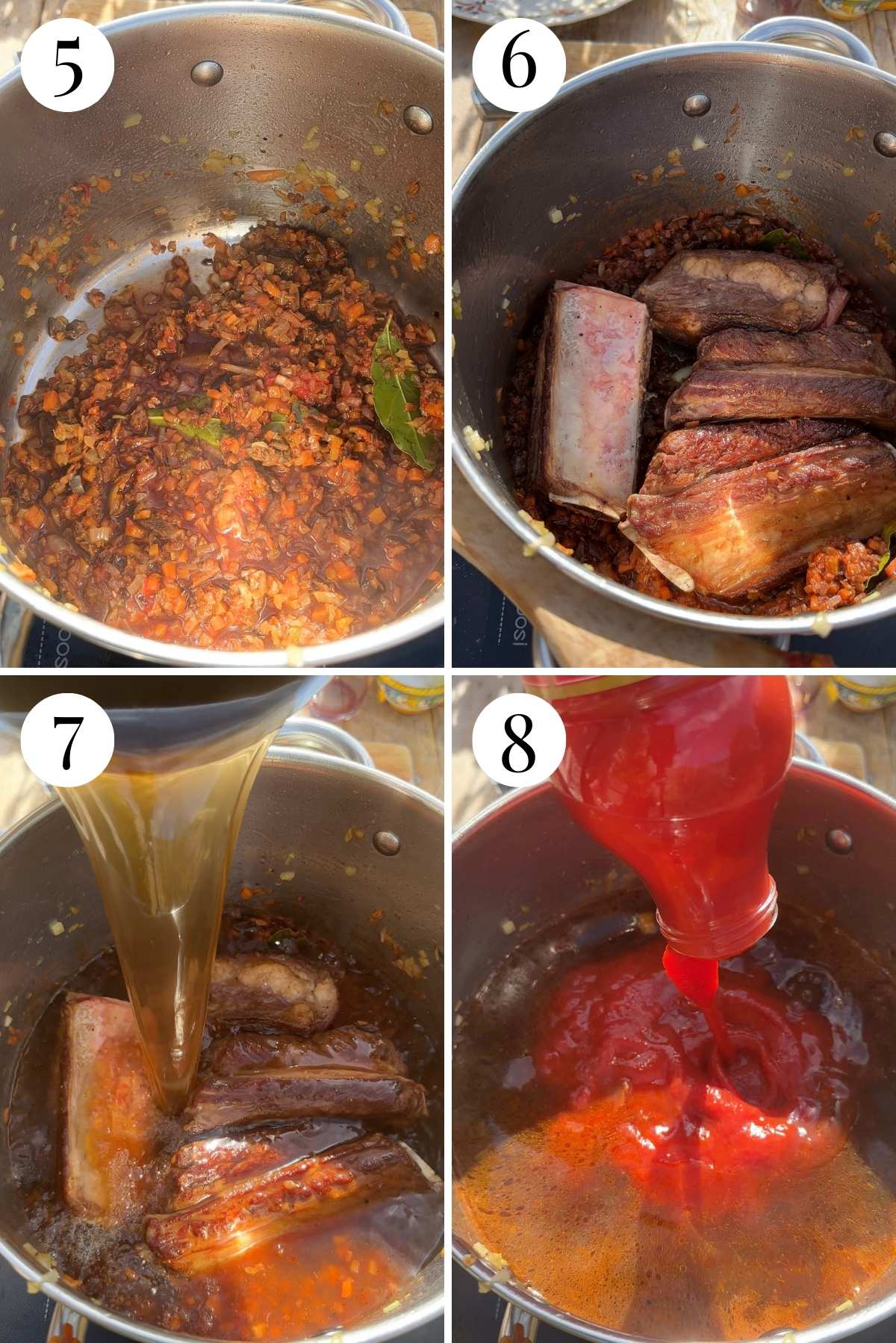 Step by step photos for beef short rib ragu: adding red wine and mushrooms to vegetables, adding beef ribs back in and adding stock and passata.