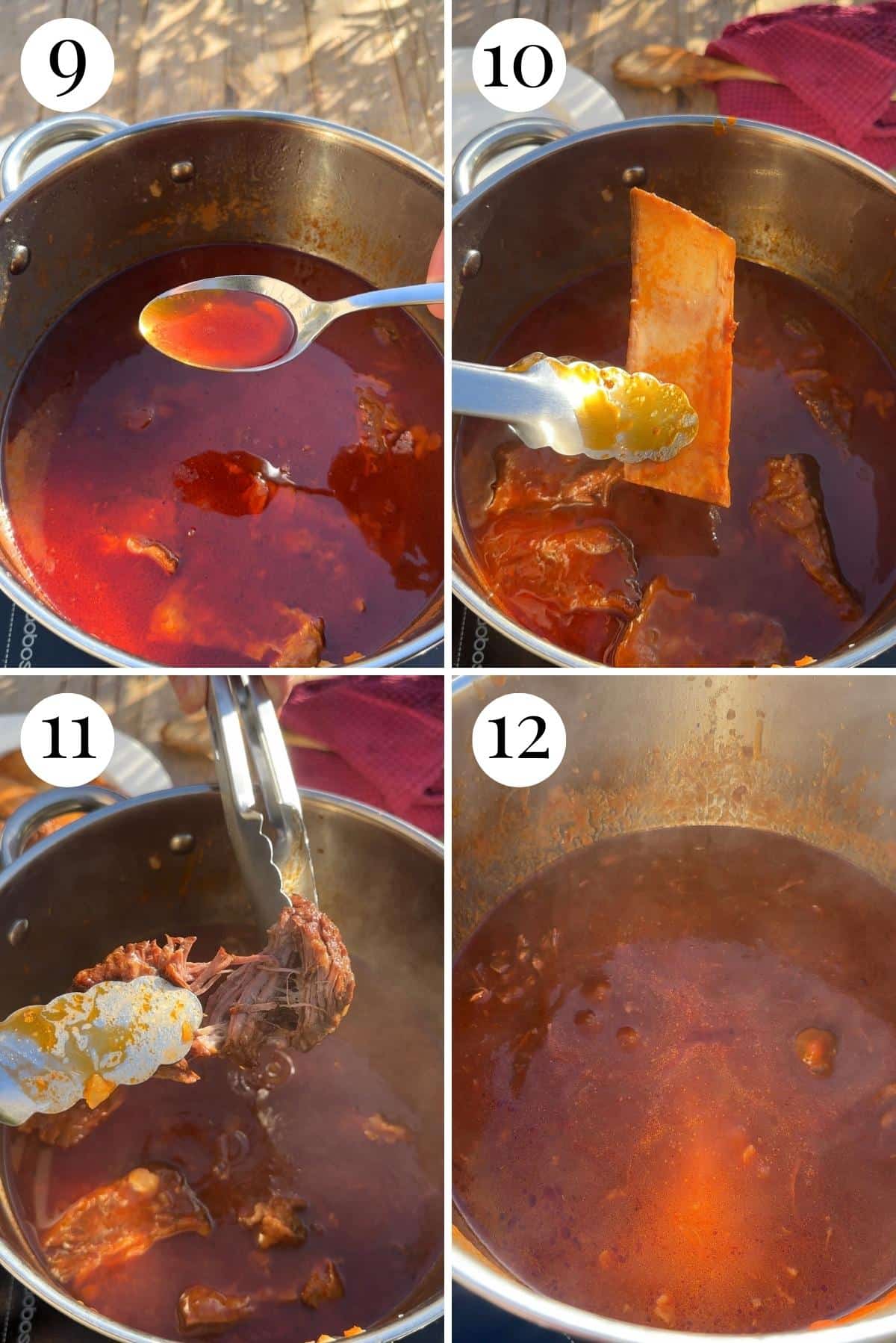 Four step by step photos for the final steps in making beef short rib ragu: removing the rib bones and sinew, skimming the fat off and reducing the sauce.