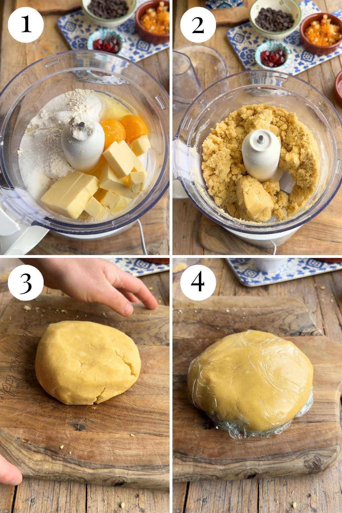 Four photos in a collage showing how to make pastry dough.