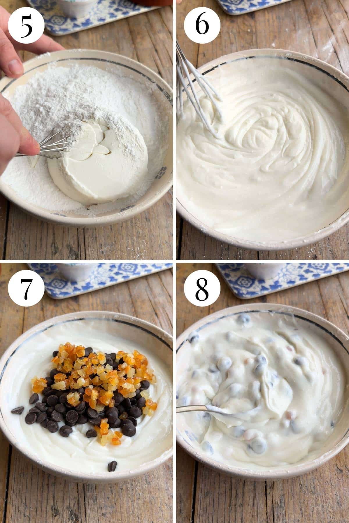 Four photos in a collage showing how to make a sweet ricotta and chocolate chip filling.