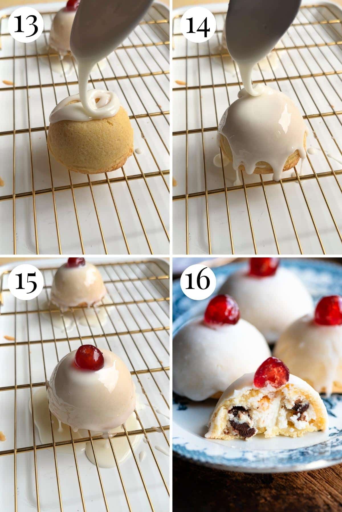 Four photos in a collage showing how to pour icing on Sicilian pastries.