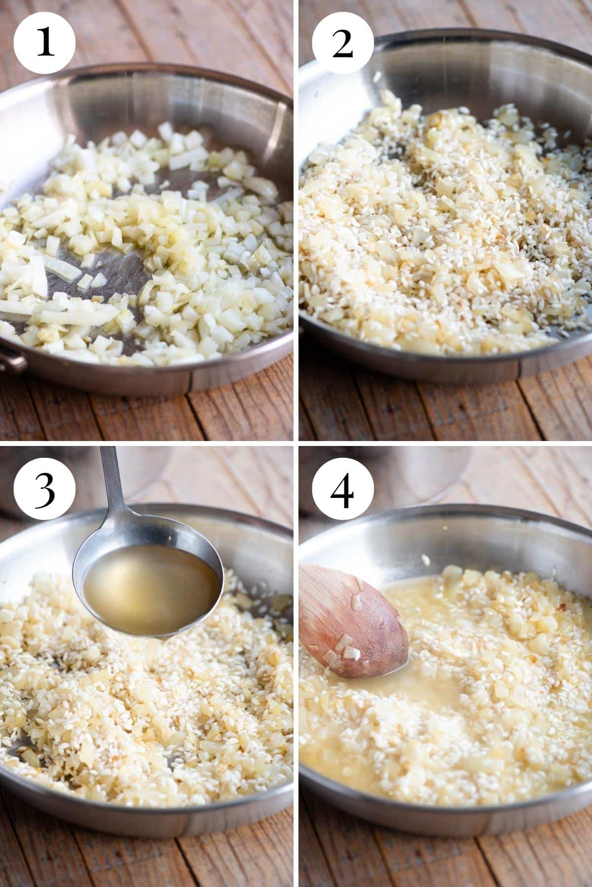 Four photos in a collage showing how to make lemon risotto.
