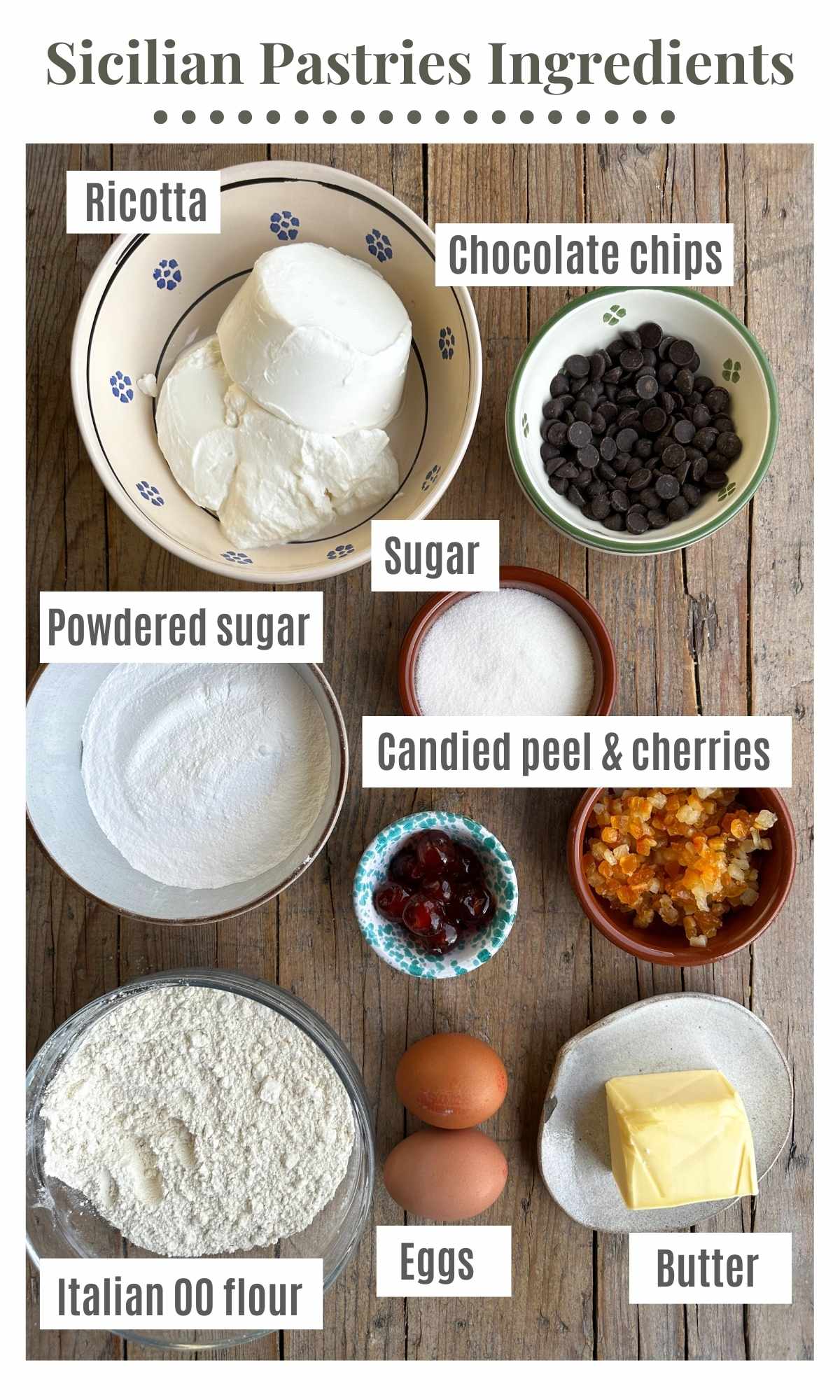 An overhead shot of all the ingredients needed to make Dolci della Sposa, Sicilian pastries.