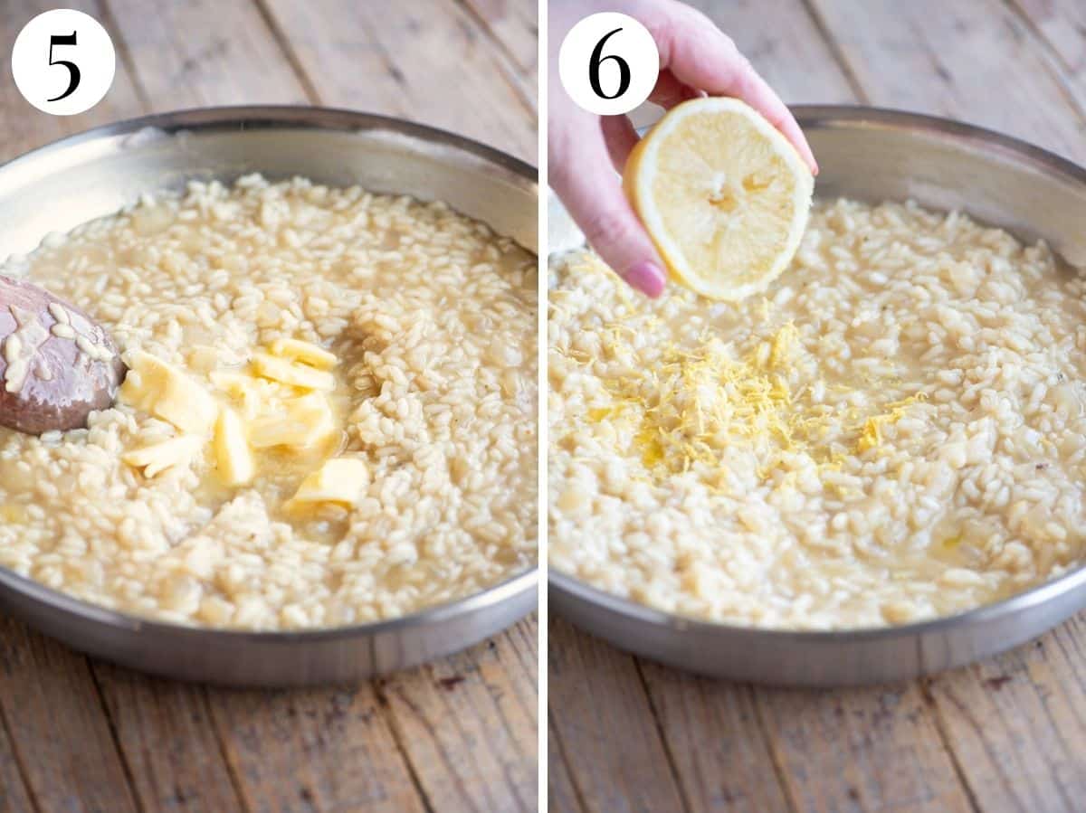 Two photos in a collage showing how to finish lemon risotto.