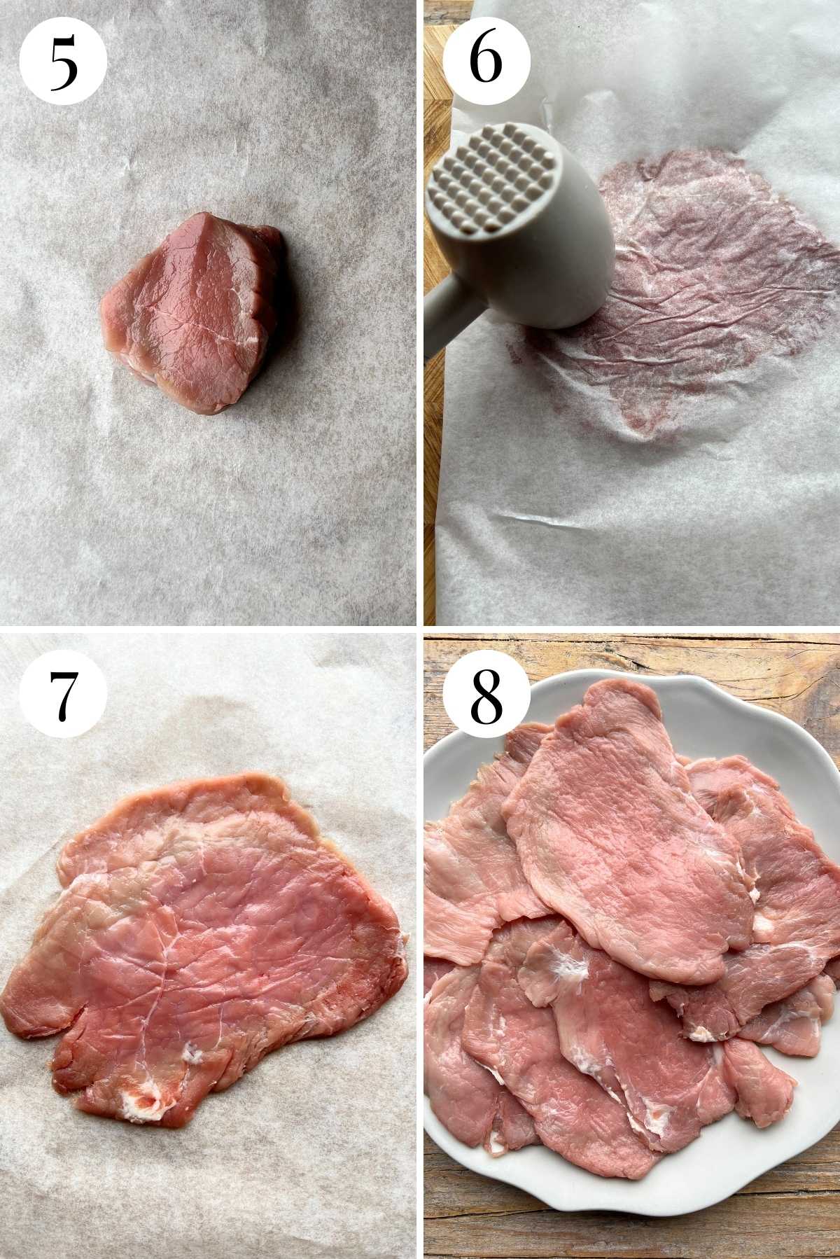 Four photos in a collage showing how to bash slices of pork tenderloin thin with a meat mallet.