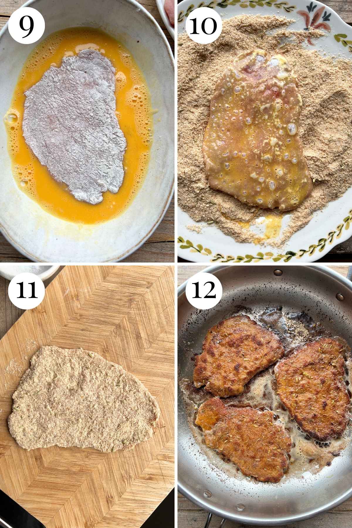 Four photos in a collage showing how to bread and fry slices of pork tenderloin.