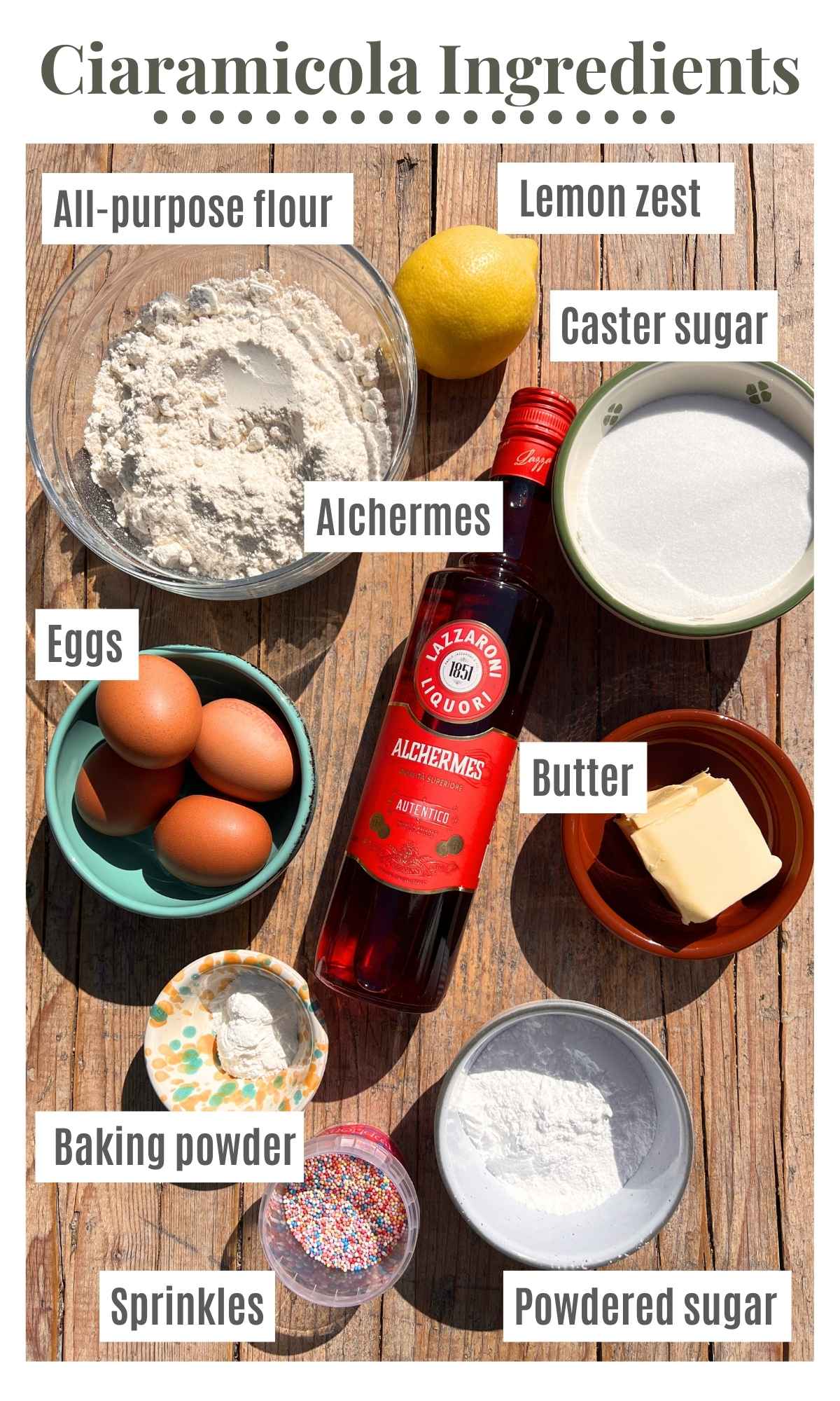 All the ingredients needed to make a Ciaramicola bundt cake laid out flat on a wooden surface.
