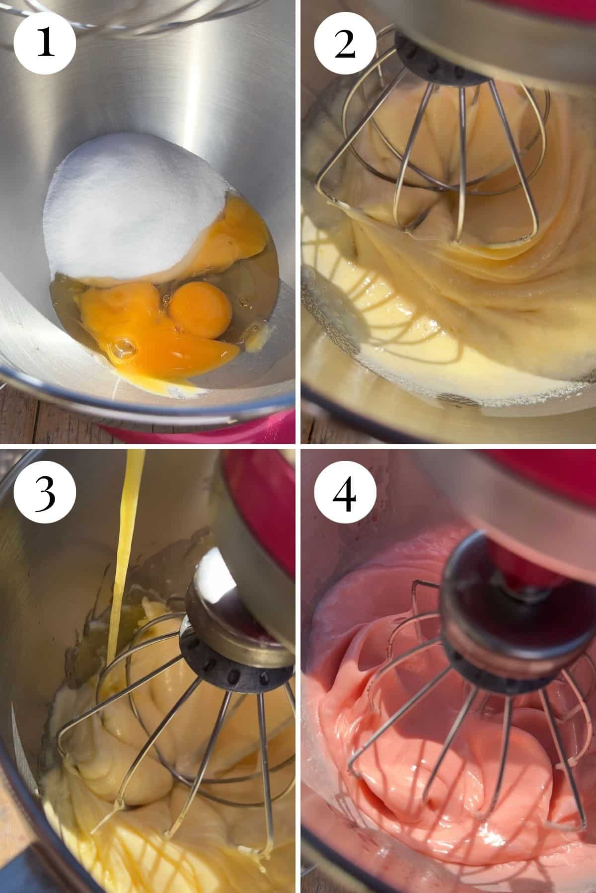 Four photos showing how to make a bundt cake batter with eggs, sugar, butter and alchermes.