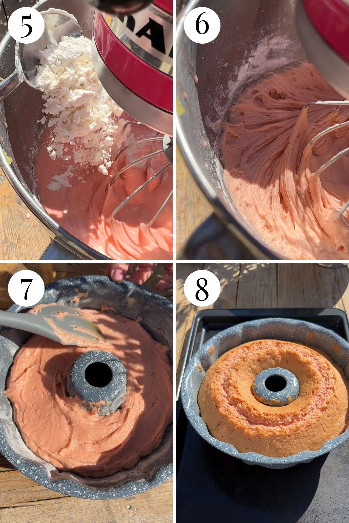 Four photos showing how to add flour to cake batter, add it to a bundt pan and bake it.