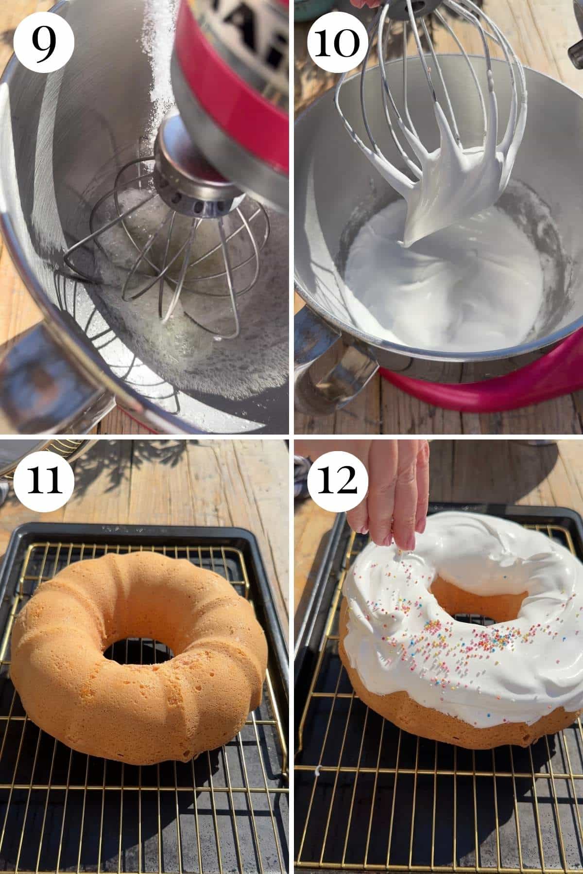 Four photos in a collage showing how to make a meringue topping and top the bundt cake with meringue and sprinkles.