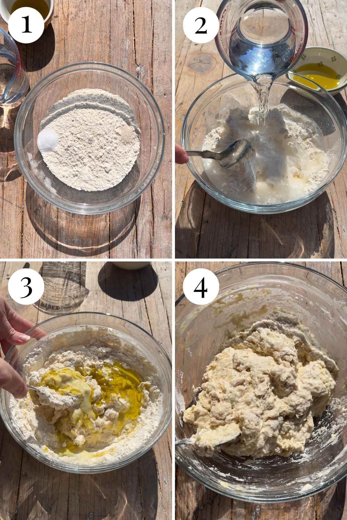 Four images in a collage showing flour, salt and yeast in a glass bowl getting mixed with water and olive oil.