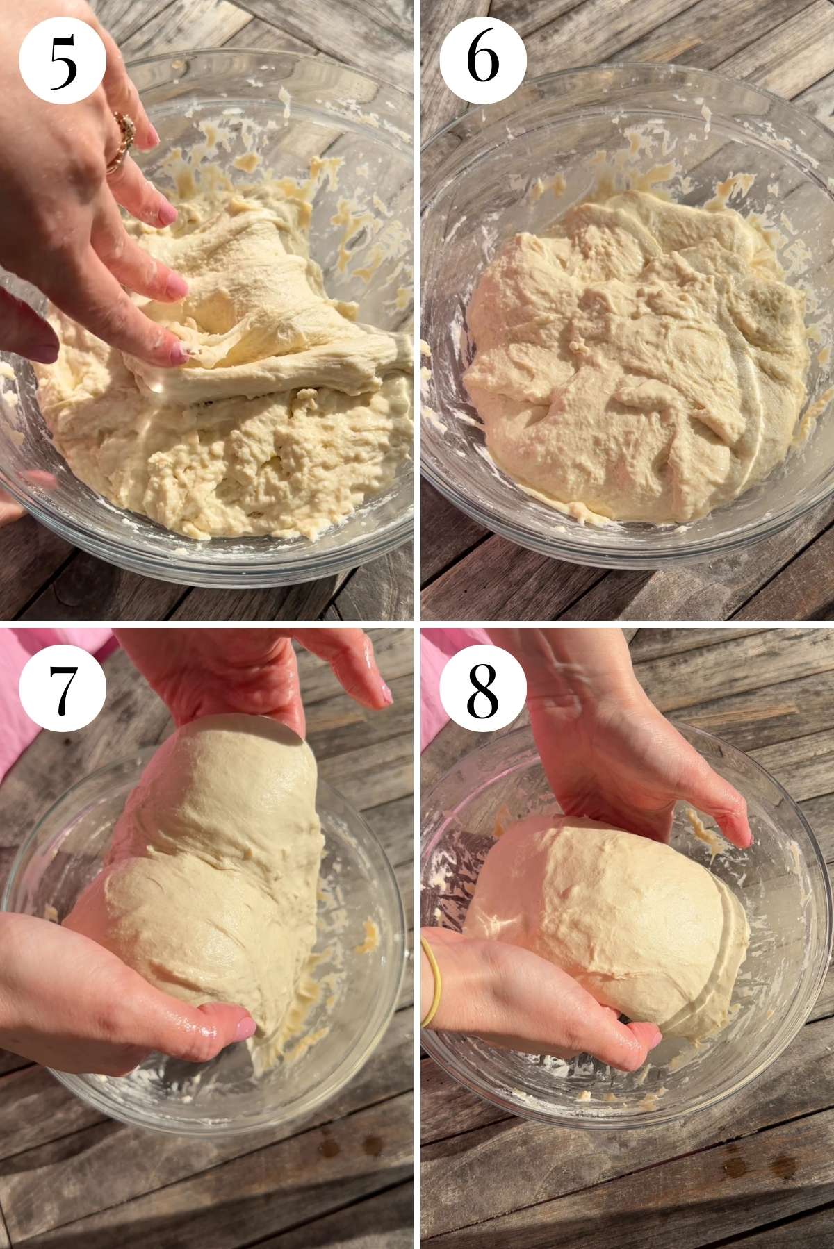 Four images in a collage showing how to do a stretch and fold then a coil fold with focaccia dough.